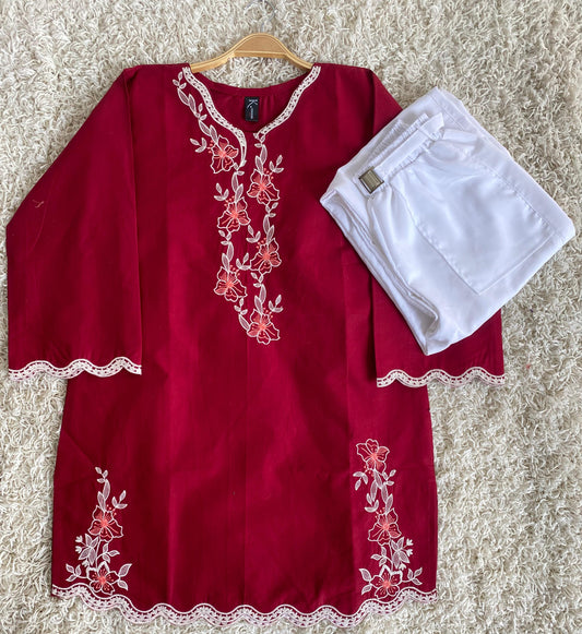 Cotton Embroidered Top with Denim – 2pc Set