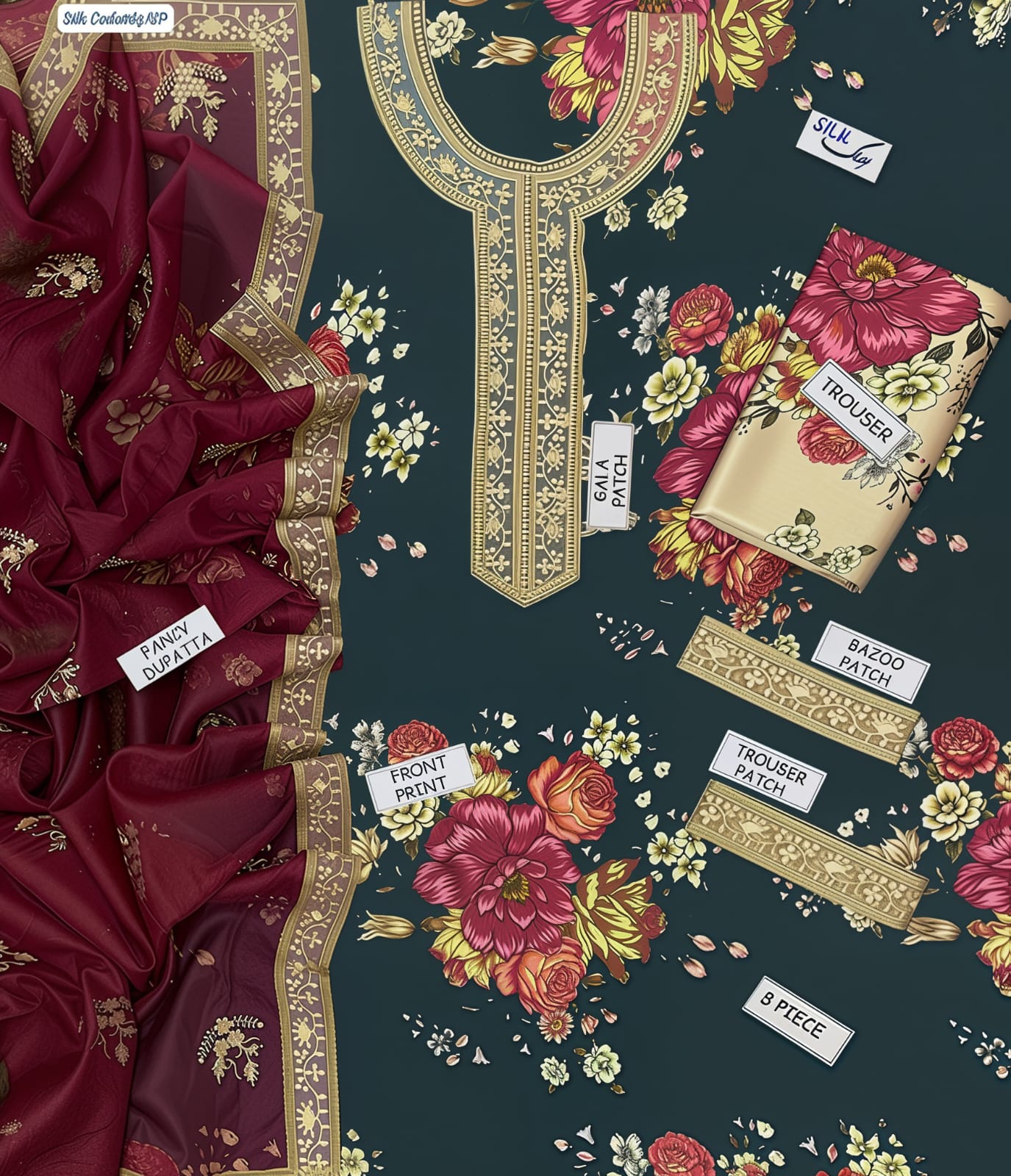 Silk Collection 3-Piece with 4 Sided Ready to Wear Lace Dupatta