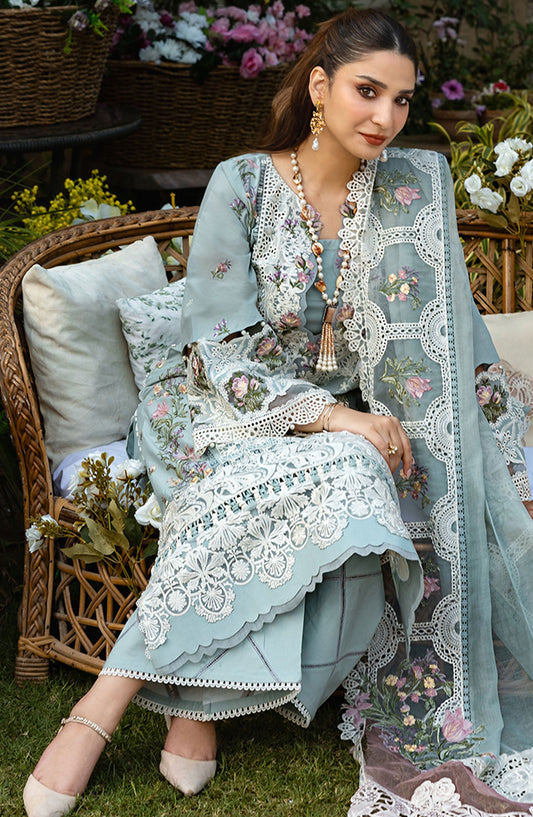 ELAF -Aqua Green Embroidered Chicken Kari 3 Piece Unstitched Luxury Lawn