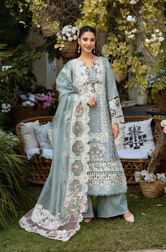 ELAF -Aqua Green Embroidered Chicken Kari 3 Piece Unstitched Luxury Lawn