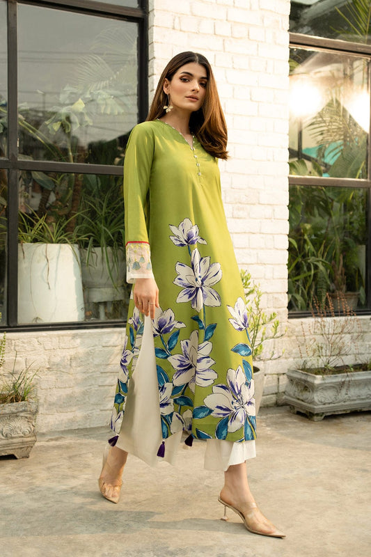 Lime Green Printed Silk 2pc