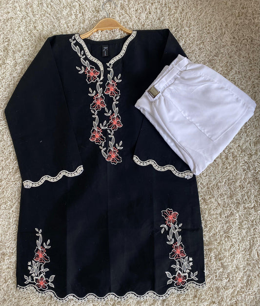 Cotton Embroidered Top with Denim – 2pc Set