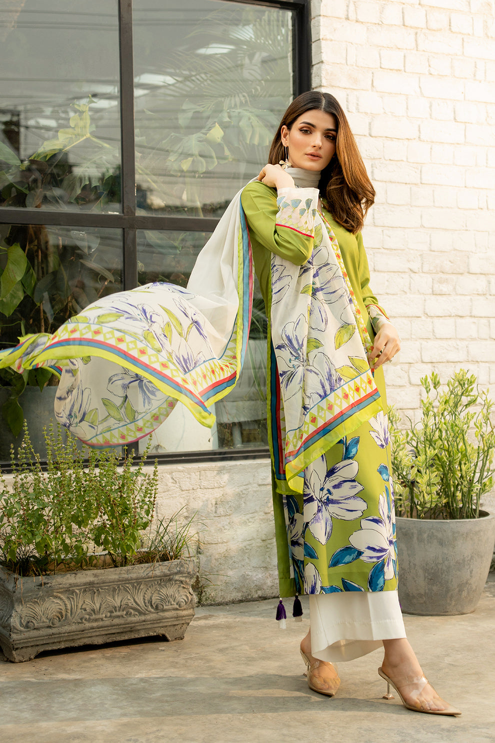 Lime Green Printed Silk 2pc
