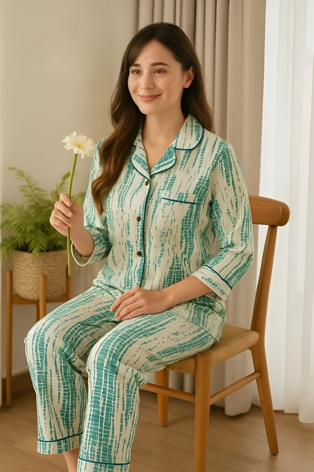 PRINTED NIGHT PAJAMA SUIT WITH SCRUNCHIES 3PC