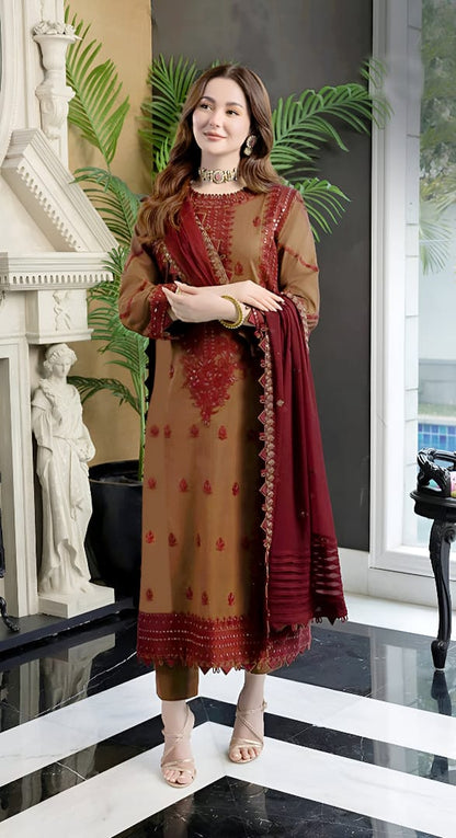 ASIM JOFA - 3pc Lawn Embroidered Shirt With Chiffon Embroidered Dupatta