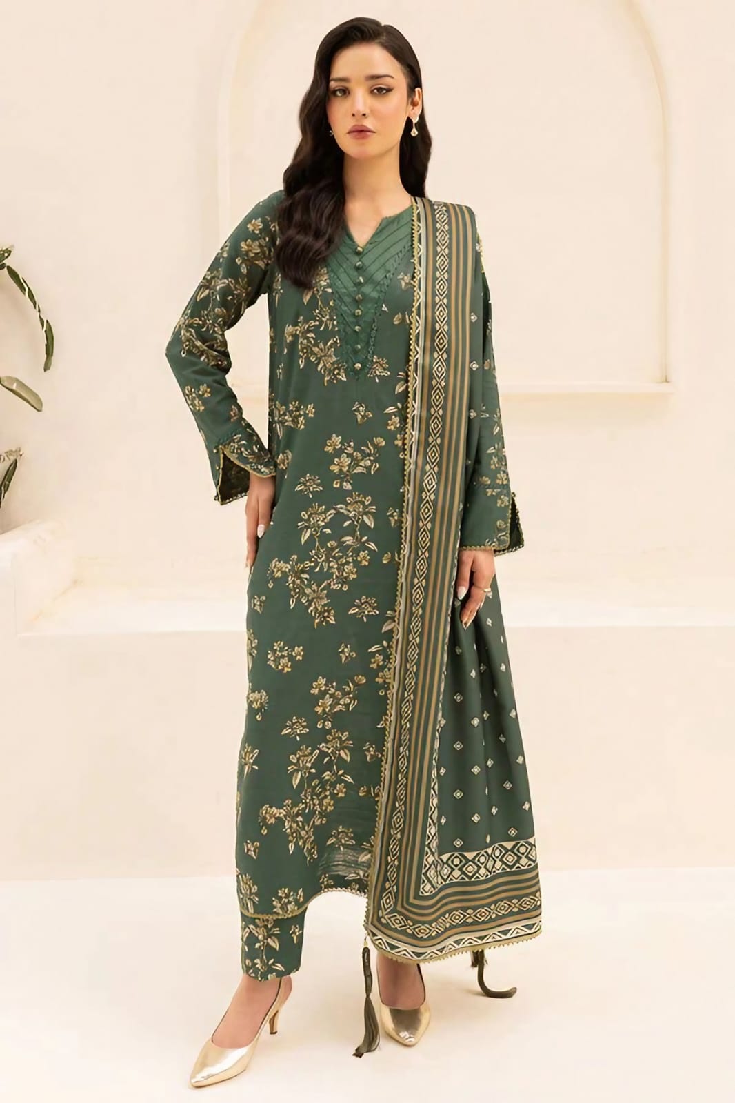 Farasha - Dark Green Printed Winter Whisper 3pc