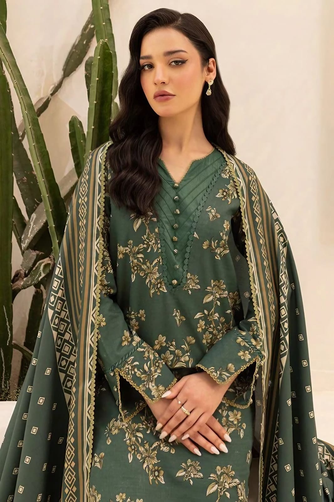 Farasha - Dark Green Printed Winter Whisper 3pc